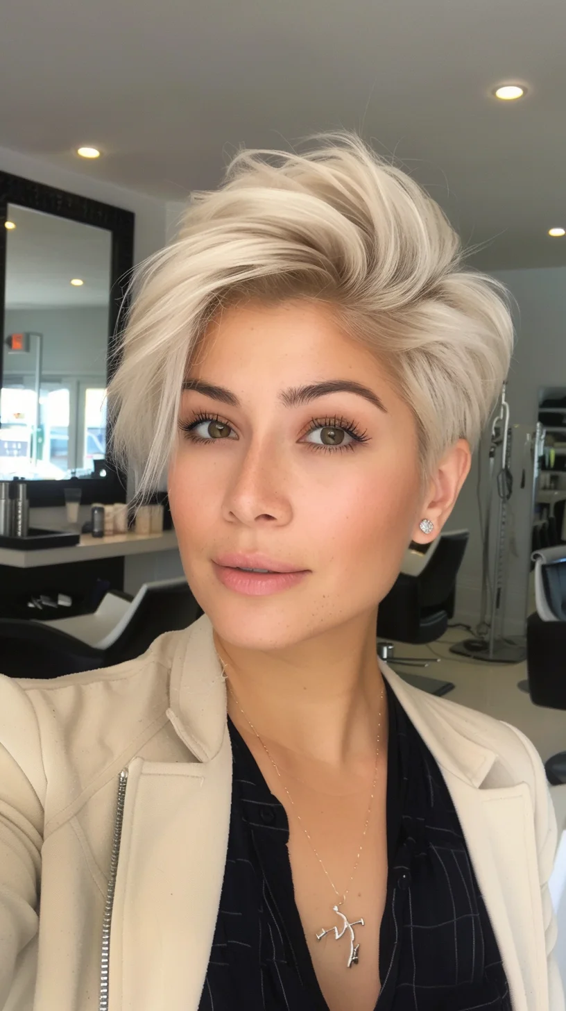 Short pixie cut displays brilliant platinum blonde coloring with darker roots that melt into bright ends. Crown volume creates dramatic height while textured pieces add movement. Side-swept sections show off the multi-tonal color work, incorporating both warm honey and cool icy blonde shades throughout each carefully cut layer.