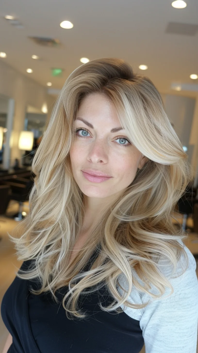 Modern short cut combines baby blonde coloring with dramatic crown volume. Textured layers sweep upward and to the side, creating dynamic movement. Root shadow provides depth while bright platinum pieces pop throughout. Multiple blonde tones blend together, from subtle honey to pure icy blonde, enhancing the layered design.