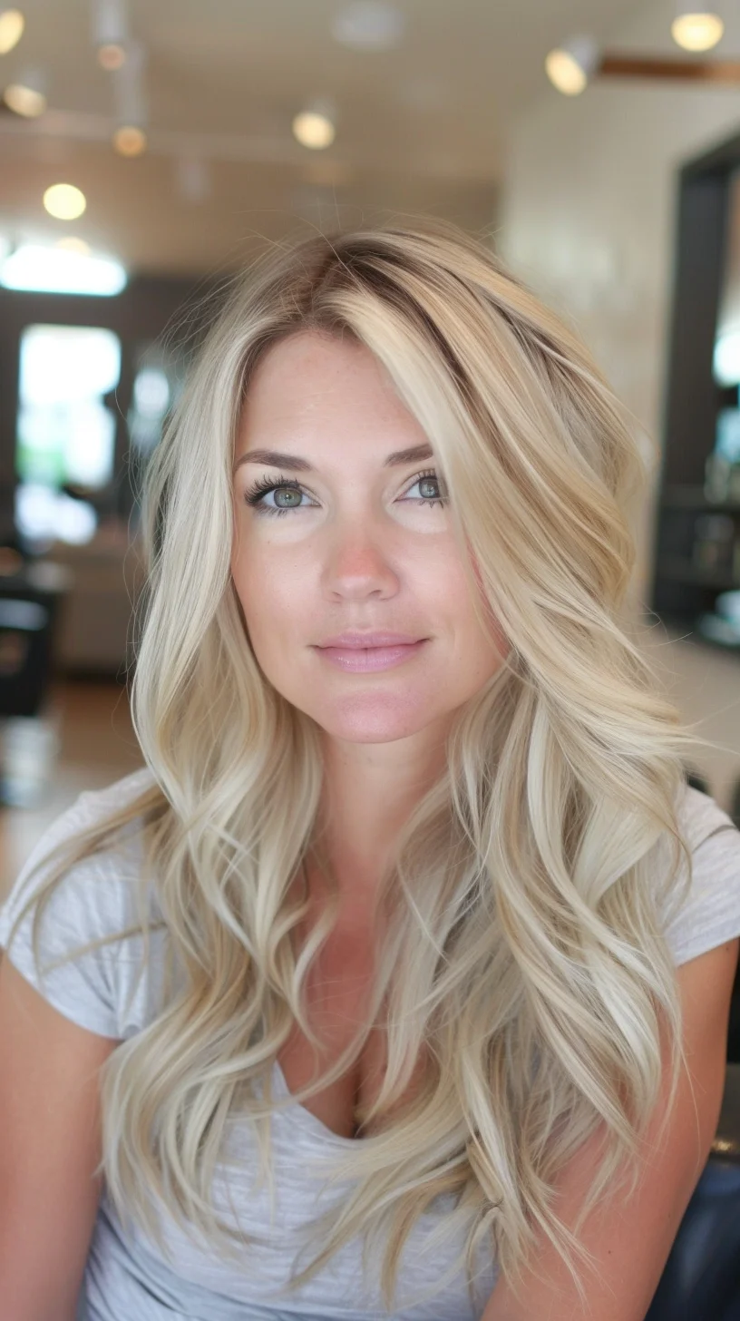Long, flowing baby blonde hair features stunning multi-dimensional color from roots to ends. Natural waves create movement throughout while layers add volume and body. The color transitions smoothly from subtle honey roots through varying shades of blonde - incorporating both warm champagne and cool platinum tones.