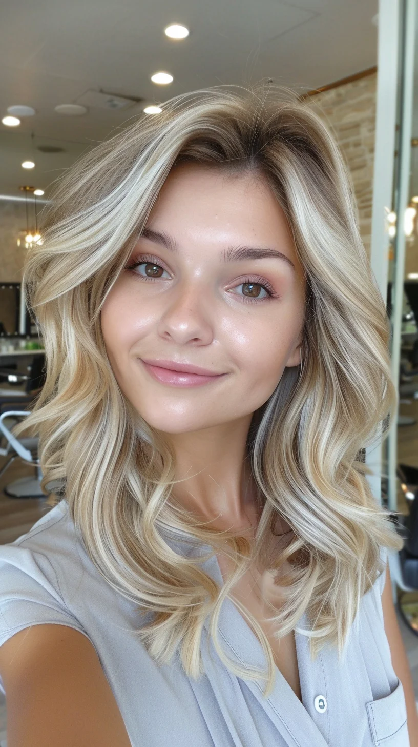 Medium-length waves carry a stunning baby blonde shade with delicate golden undertones. Subtle root shadow creates beautiful dimension as color brightens toward ends. Waves appear effortlessly tousled, creating amazing volume and movement while highlighting various blonde tones throughout.
