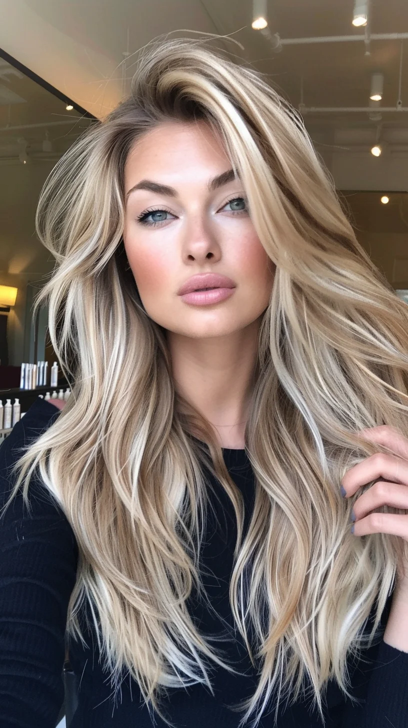 Long, layered baby blonde hair features incredible dimension from roots to ends. Bright platinum pieces blend harmoniously with warmer blonde tones, creating stunning depth. Multiple layers enhance natural movement, while face-framing pieces soften overall appearance. Waves flow freely, highlighting every nuance of the multi-tonal blonde coloring.