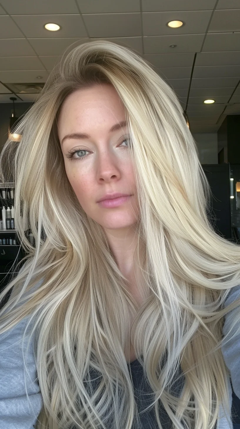 Long baby blonde hair features stunning dimension, with darker roots blending into bright platinum ends. Multiple layers create natural movement and volume throughout. Gentle waves showcase the multi-tonal blonde coloring, from creamy vanilla to icy champagne shades. Side-swept bangs and face-framing pieces add structure while keeping an effortless look. Root shadowing gives depth and authenticity.