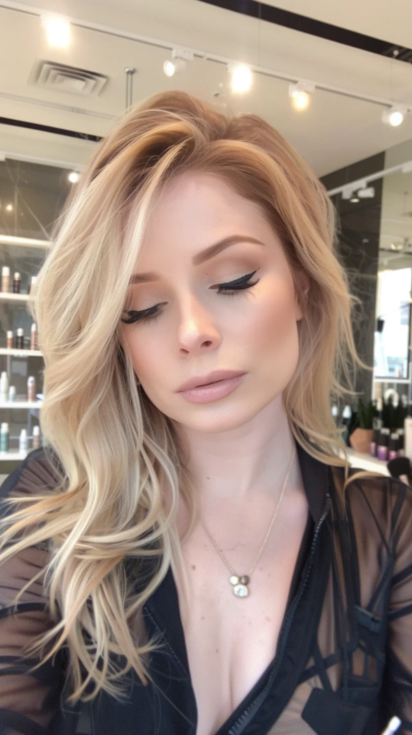 Medium-length baby blonde hair shaped with soft waves and layered to create beautiful movement. A darker root melts seamlessly into bright blonde, creating rich dimension. Side-swept bangs blend naturally with shorter layers around the crown. Light catches each wave, highlighting variations in the blonde tones from honey to pearl. Crown volume adds dramatic height.