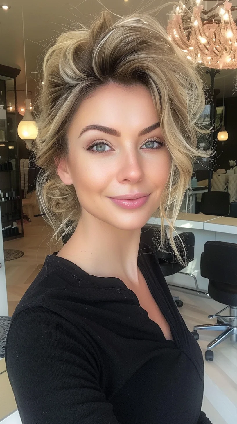 Upswept baby blonde creation combines volume at the crown with flowing waves. Root shadow transitions flawlessly into bright platinum tones. Light catches every curve and coil, revealing buttery blonde highlights mixed with cooler vanilla shades. Shorter pieces frame the face while longer layers cascade down, showing off multi-dimensional color work.