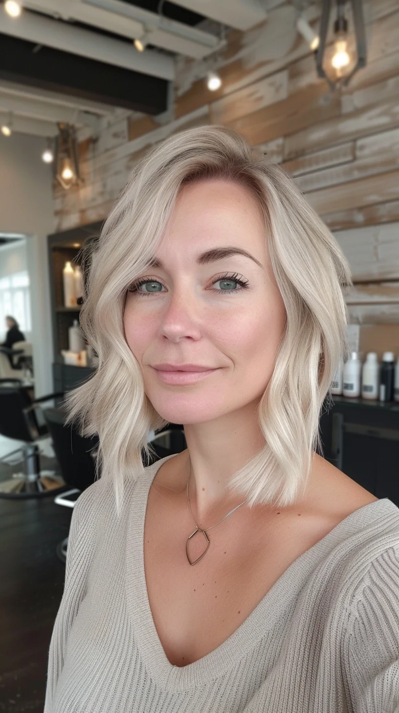Shoulder-length baby blonde bob features textured waves and incredible brightness. Darker roots fade into pure platinum ends, while subtle lowlights add depth throughout. Choppy layers create modern texture and movement. Side-swept bangs blend smoothly into face-framing pieces. Cool and warm blonde tones mix beautifully through each wave.