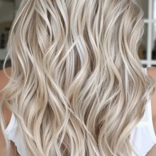 Luxurious champagne blonde hair viewed from behind reveals intricate dimension with platinum highlights woven through a warm blonde base. Flowing waves create movement and catch light differently at every angle. Each strand displays varying shades - from deeper honey at the roots to icy platinum at the tips. Medium-length layers add structure while allowing for bouncy volume throughout, with waves that appear effortlessly tousled yet polished.