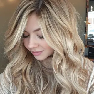 Luxurious creamy blonde coloring flows seamlessly from slightly darker roots to bright, light ends. Natural-looking transitions between shades create a buttery glow, while subtle highlights add movement and dimension to cascading waves.
