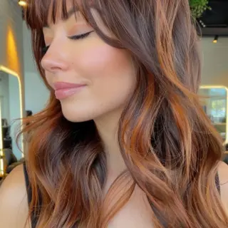 Deep chocolate brown base melts into vibrant copper and caramel tones, creating a stunning dimensional effect throughout waves that kiss the shoulders. Piece-y bangs frame the face beautifully while warm highlights peek through, adding richness and depth to every curve and wave.