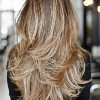 Warm caramel tones sweep through mid‑lengths, drifting into soft barley blonde tips. A muted walnut base melds with pale golden highlights, creating subtle depth. Each layer carries a gentle luster, with lighter strands softly framing the overall gradient.