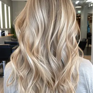 Bright creamy blonde waves demonstrate impeccable color blending, with subtle root shadowing that transitions into luminous platinum sections. Multiple blonde tones work together to create dimension while maintaining an overall light, summery appearance.