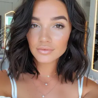 Gorgeous raven-black hair shines brilliantly with a glass-like finish, cut precisely to shoulder length. Subtle waves add beautiful movement throughout while maintaining sleek definition. Pure black coloring appears rich and dimensional as light reflects off each strand, creating stunning depth.