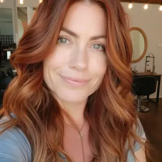 Rich copper-toned mahogany hair creates stunning dimension through subtle color variations, moving from deeper auburn at the roots to lighter golden-copper ends. Natural waves catch light beautifully, showing off multiple warm undertones that blend seamlessly together.