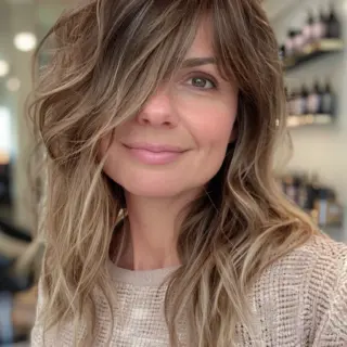 Caramel brown roots transition into lighter blonde ends in a beautiful balayage effect. Natural-looking waves add stunning texture and body throughout the long layers. Multiple warm and cool tones blend together flawlessly from top to bottom, creating gorgeous dimension and movement in the overall look.